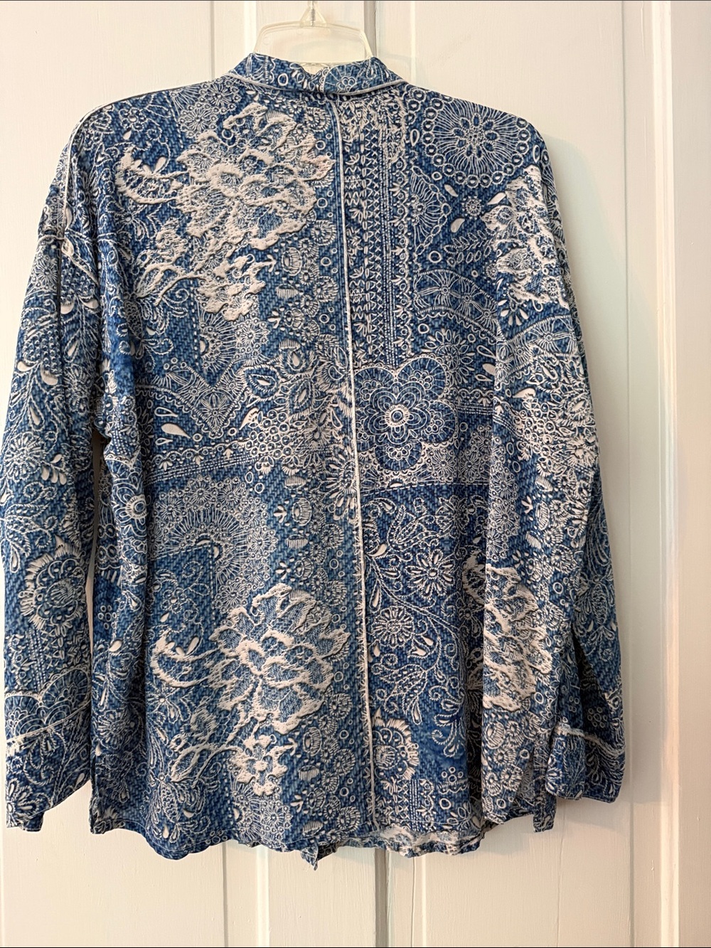 Johnny Was - blue and white embroidered-look button down shirt with collar. - Picture 6 of 10